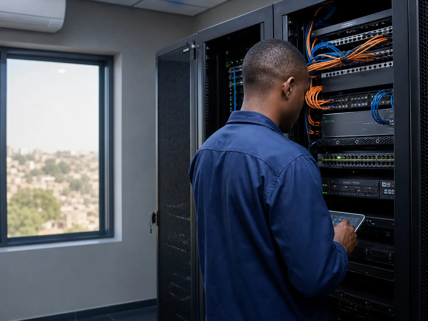 Technicien réseau intervenant sur une infrastructure informatique professionnelle