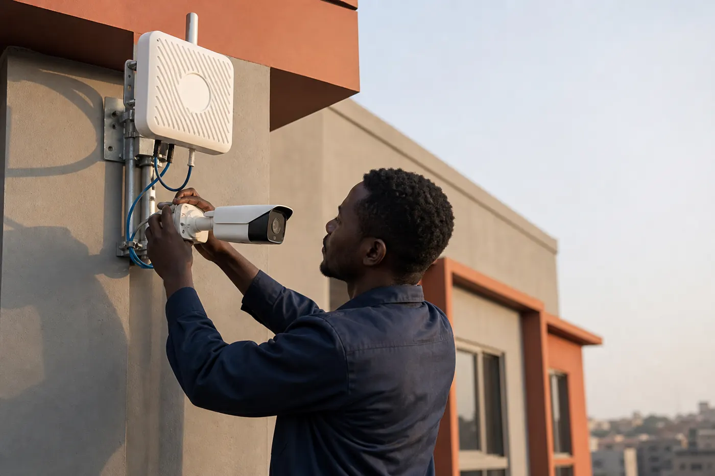 Technicien installant une caméra de vidéosurveillance et un équipement réseau
