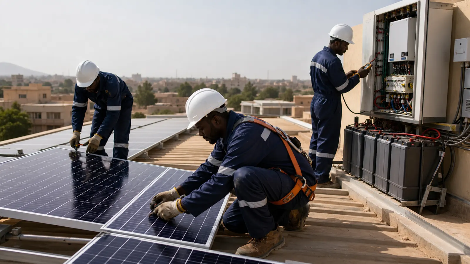 Techniciens installant des panneaux solaires, un onduleur et des batteries au Mali